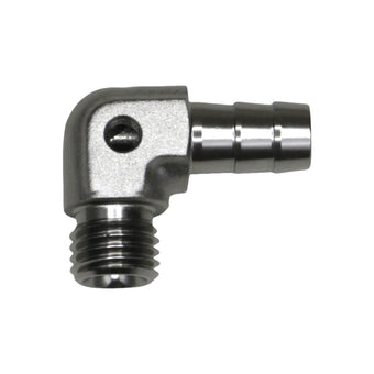 compare product DeatschWerks Metric M12 to 3/8in Hose Barb 90-Degree Fitting w/ Venturi Port - Anodized DW Titanium