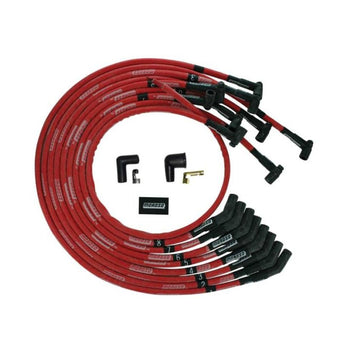 compare product Moroso BBC Under Header 135 Deg Plug Boot HEI Sleeved Ultra Spark Plug Wire Set - Red