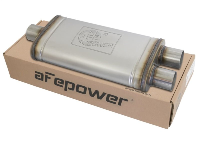 aFe MACHForce XP SS Muffler 2.5in Center Inlet / 2.5in Dual Outlets 18in L x 9in W x 4in H Body - My Store