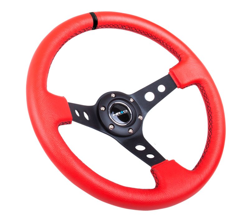NRG Reinforced Steering Wheel (350mm / 3in. Deep) Red Suede w/Blk Circle Cutout Spokes - My Store