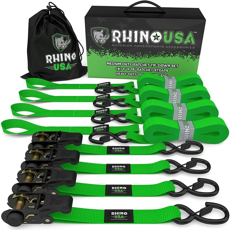 Rhino USA Medium Duty Ratchet Strap Tie - Down 4 - Pack (Green) - My Store