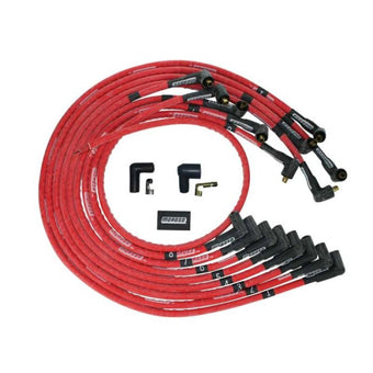 compare product Moroso SBC Under Header 90 Deg Plug Non-HEI Sleeved Ultra Spark Plug Wire Set - Red