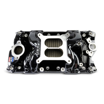 compare product Edelbrock Chevy Small Block Performer RPM AIR-Gap Intake Manifold Black Plasma Finish