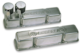 compare product Moroso Chevrolet Small Block Valve Cover - 1 Cover w/2 Breathers at Front - Polished Aluminum - Pair