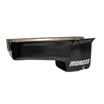 compare product Moroso Pre-80 Chevrolet Small Block (w/Driver Side Dipstick) Wet Sump 6qt 8.25in Steel Oil Pan - Blk