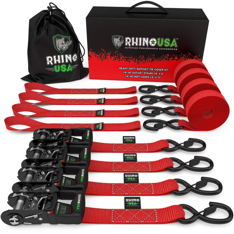 Rhino USA Heavy Duty Ratchet Tie - Down 4 - Pack Red 1.6In X 15Ft - My Store