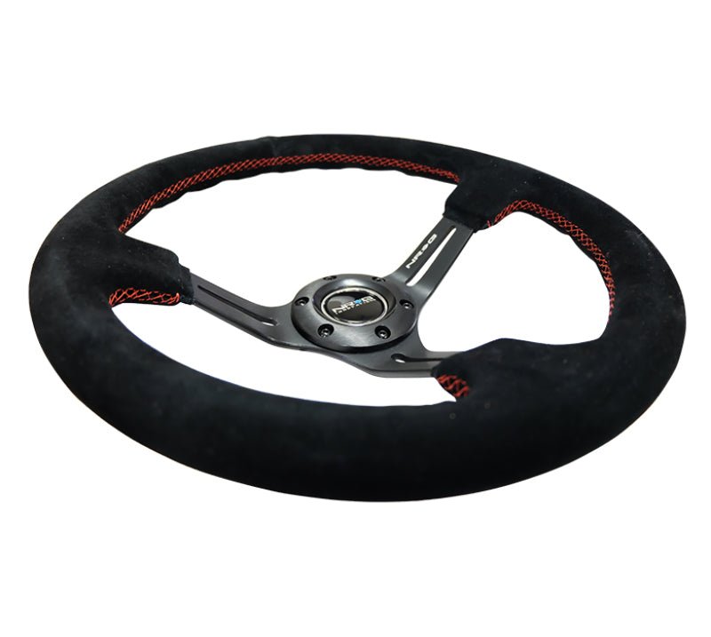 NRG Reinforced Steering Wheel (350mm / 3in. Deep) Blk Suede w/Red Stitching & 5mm Spokes w/Slits - My Store
