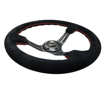 compare product NRG Reinforced Steering Wheel (350mm / 3in. Deep) Blk Suede w/Red Stitching & 5mm Spokes w/Slits