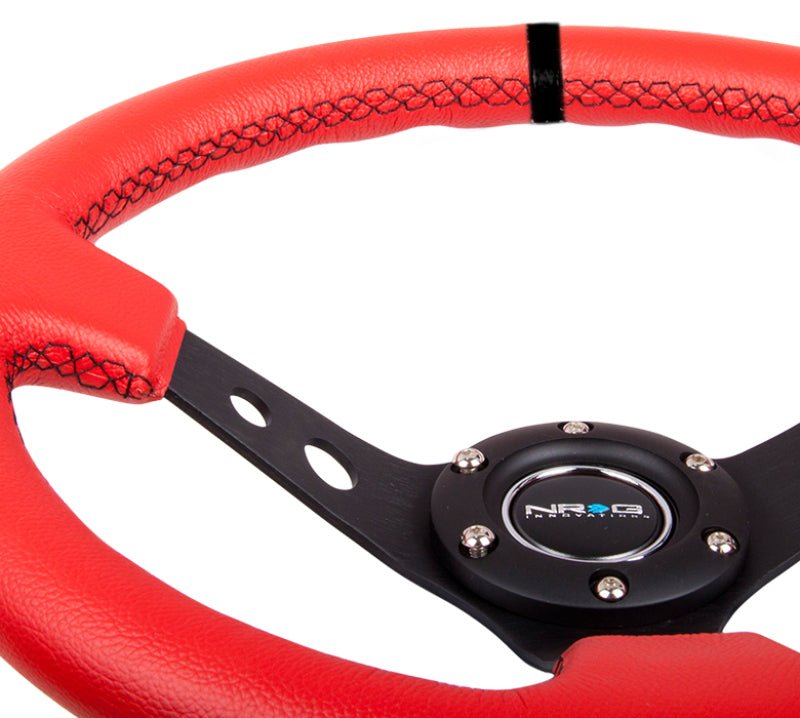 NRG Reinforced Steering Wheel (350mm / 3in. Deep) Red Suede w/Blk Circle Cutout Spokes - My Store