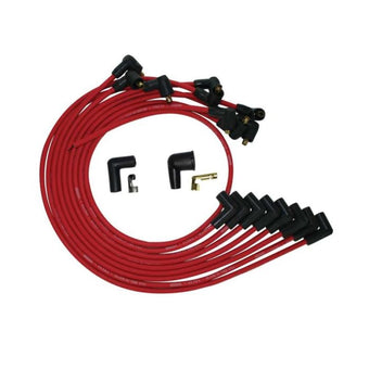 compare product Moroso BBC Under The Header 90 Deg Plug Boots HEI Ultra Spark Plug Wire Set - Red