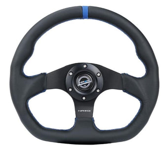 compare product NRG Reinforced Steering Wheel (320mm) Sport Leather Flat Bottom w/ Blue Center/ Blue Stitching