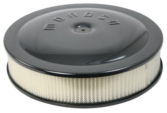 compare product Moroso Racing Air Cleaner - 14in x 3in Filter - Raised Bottom - Aluminum - Black Powder Coat