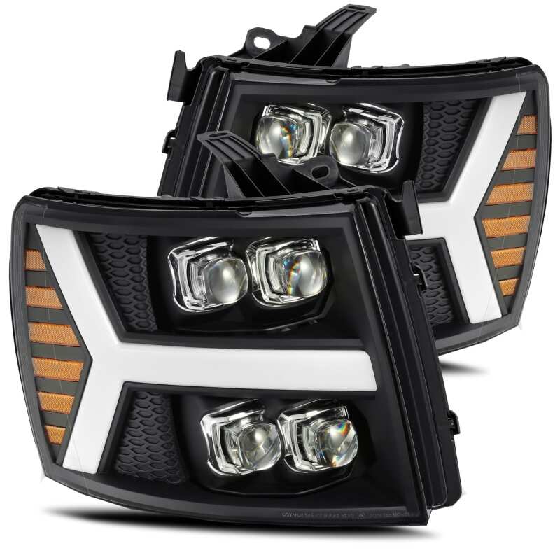 AlphaRex 07 - 13 Chevy 1500HD NOVA LED Proj Headlights Plank Style Matte Blk w/Activ Light/Seq Signal - My Store