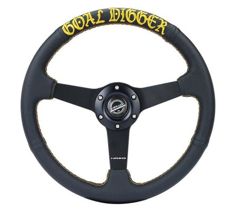 NRG Sport Steering Wheel (350mm / 1.5in Deep) Black Leather/Gold Stitch w/Matte Black Solid Spokes - My Store