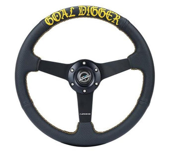 compare product NRG Sport Steering Wheel (350mm / 1.5in Deep) Black Leather/Gold Stitch w/Matte Black Solid Spokes