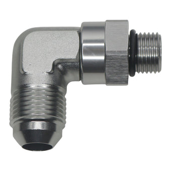 compare product DeatschWerks 6AN ORB Male Swivel to 8AN Male Flare 90-Degree - Anodized Titanium