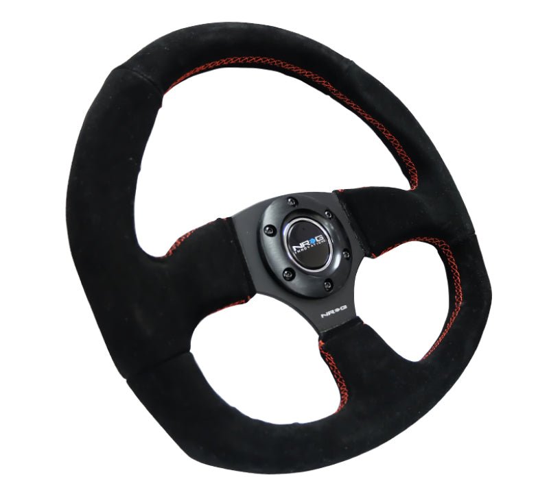 NRG Reinforced Steering Wheel (320mm Horizontal / 330mm Vertical) Suede w/Red Stitch - My Store