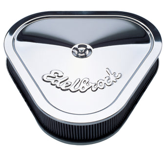 compare product Edelbrock Air Cleaner Pro-Flo Series Triangular Steel Top 14 125In X 13 375In X 3 5In Chrome
