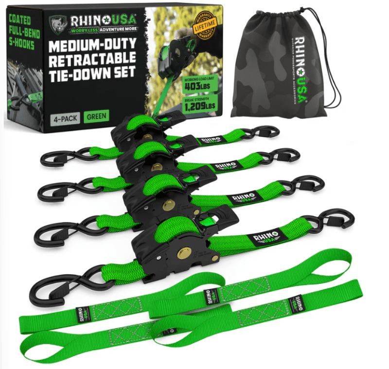 Rhino USA Retractable Ratchet Straps (4Pk 1Inx10Ft) (Green) - My Store