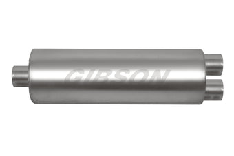 compare product Gibson SFT Superflow Center/Dual Round Muffler - 7x19in/3in Inlet/2.5in Outlet - Stainless