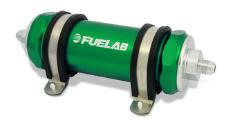 compare product Fuelab 858 In-Line Fuel Filter Long -10AN In/Out 40 Micron Stainless w/Check Valve - Green