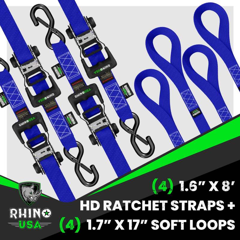 Rhino USA Heavy Duty Ratchet Tie - Down 4 - Pack (Blue) 1.6In X 8Ft - My Store