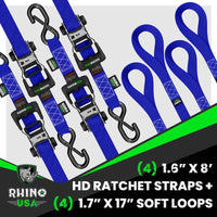 Rhino USA Heavy Duty Ratchet Tie - Down 4 - Pack (Blue) 1.6In X 8Ft - My Store