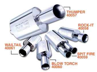 compare product Borla Wailtail Oval 2-1/4in x 5in Side Round Out Boomer Muffler