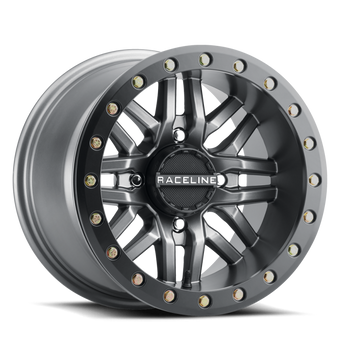 compare product Raceline A91G Ryno 15x7in/4x156 BP/10mm Offset/132.5mm Bore - Gunmetal & Black Ring Beadlock Wheel