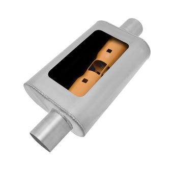 compare product Gibson MWA Superflow Offset/Center Oval Muffler - 4x9x14in/2.5in Inlet/2.5in Outlet - Stainless