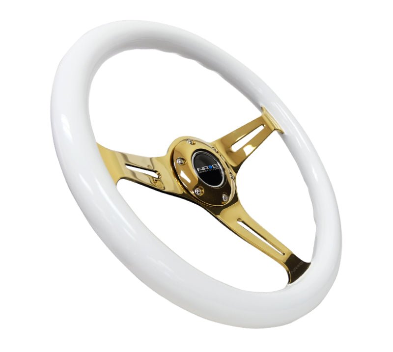 NRG Classic Wood Grain Steering Wheel (350mm) White Grip w/Chrome Gold 3 - Spoke Center - My Store