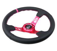 NRG Reinforced Steering Wheel (350mm/3in. Deep) Black Leather/ Fushia Center Mark/ Fushia Stitching - My Store