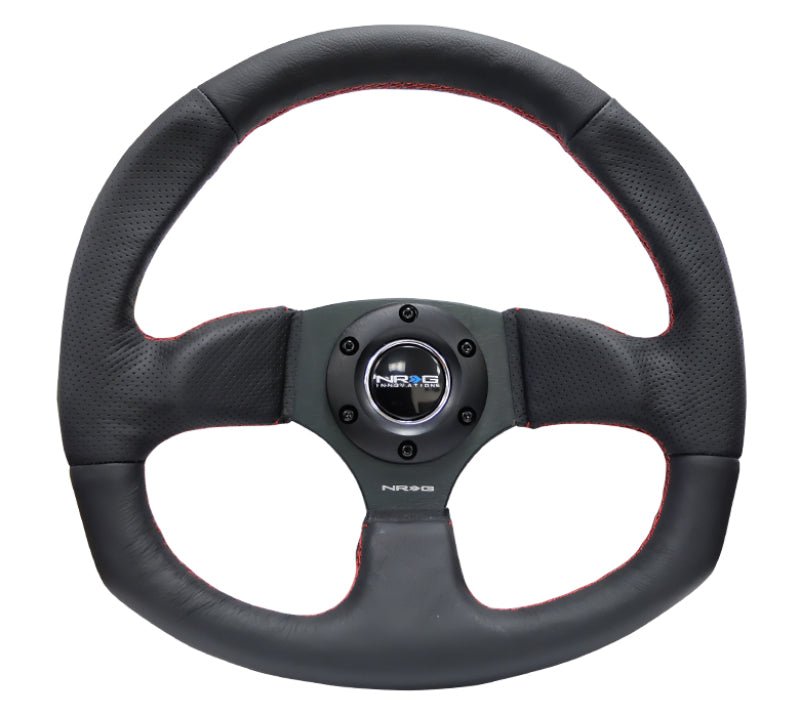 NRG Reinforced Steering Wheel (320mm Horizontal / 330mm Vertical) Leather w/Red Stitching - My Store