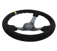 NRG Reinforced Steering Wheel (350mm / 3in. Deep) Blk Suede/X - Stitch w/5mm Blk Spoke & Yellow CM - My Store