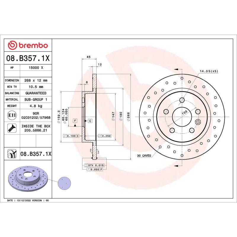 Brembo OE 2015 Chevrolet Cruze Drilled Xtra Brake Disc - Rear - My Store