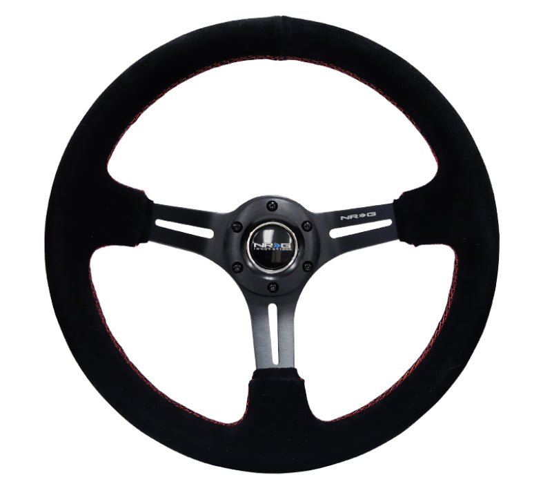 NRG Reinforced Steering Wheel (350mm / 3in. Deep) Blk Suede w/Red Stitching & 5mm Spokes w/Slits - My Store