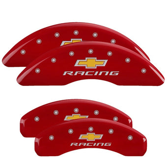 compare product MGP 4 Caliper Covers Engraved Front & Rear Chevy Racing Red Finish Silver Char 2016 Chevrolet Camaro
