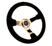 NRG Reinforced Steering Wheel (350mm / 3in. Deep) Blk Suede w/Red BBall Stitch & Chrome Gold 3 - Spoke - My Store