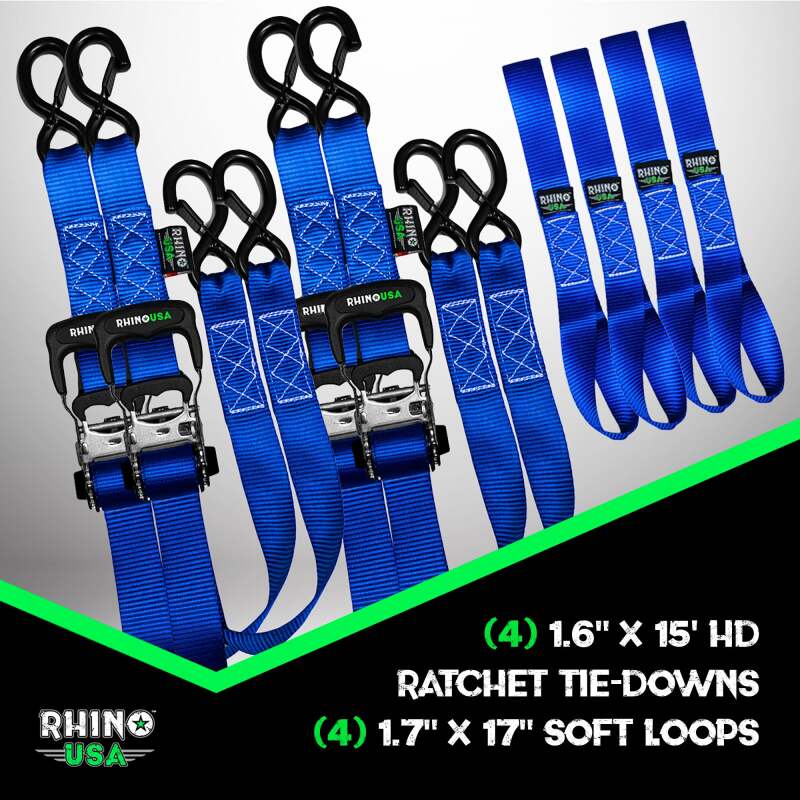 Rhino USA Heavy Duty Ratchet Tie - Down 4 - Pack Blue 1.6In X 15Ft - My Store