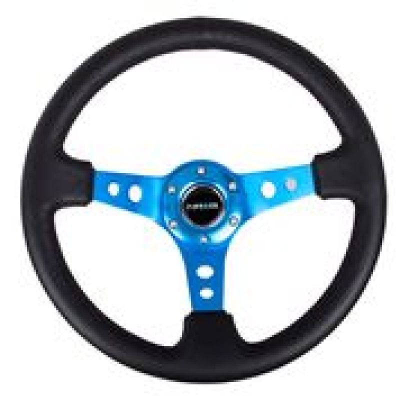 NRG Reinforced Steering Wheel (350mm / 3in. Deep) Blk Leather w/Blue Circle Cutout Spokes - My Store