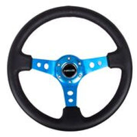 NRG Reinforced Steering Wheel (350mm / 3in. Deep) Blk Leather w/Blue Circle Cutout Spokes - My Store